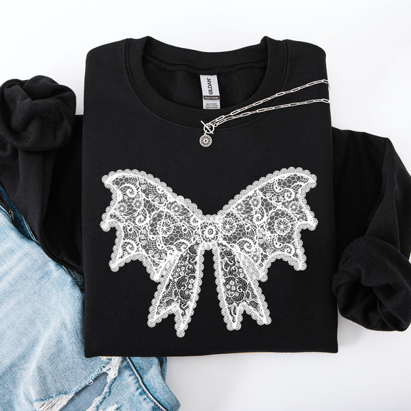Lace Bow Halloween Goth Faux Lace Ribbon Coquette Ornate Embroidered Detail Sweatshirt