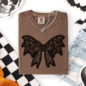 Lace Bow Halloween Goth Faux Lace Ribbon Coquette Silhouette Across The Night Comfort Colors Tee — view 8