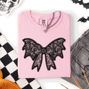 Lace Bow Halloween Goth Faux Lace Ribbon Coquette Silhouette Across The Night Comfort Colors Tee — view 6