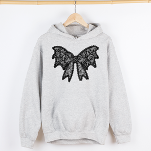 Lace Bow Halloween Goth Boo Faux Lace Ribbon Coquette Shimmering Ghost Graphic Hoodie — view 3