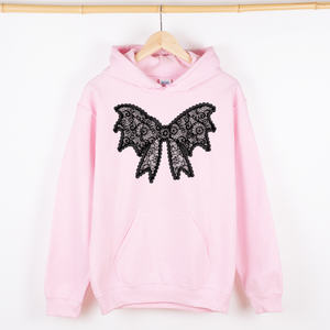 Lace Bow Halloween Goth Boo Faux Lace Ribbon Coquette Shimmering Ghost Graphic Hoodie — view 5