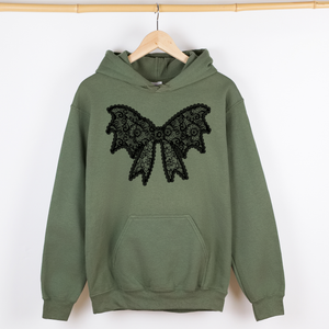 Lace Bow Halloween Goth Boo Faux Lace Ribbon Coquette Shimmering Ghost Graphic Hoodie — view 6