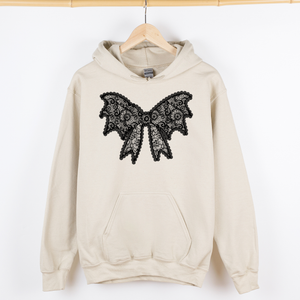 Lace Bow Halloween Goth Boo Faux Lace Ribbon Coquette Shimmering Ghost Graphic Hoodie — view 1
