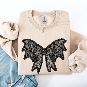 Lace Bow Halloween Goth Faux Lace Ribbon Coquette Ornate Embroidered Detail Sweatshirt — view 5