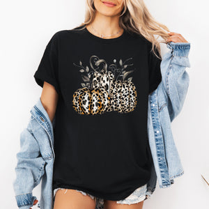 Leopard Print Pumpkins Graphic Tee For Halloween And Autumn Fashion, Cozy Fall Wardrobe Essential — view 2