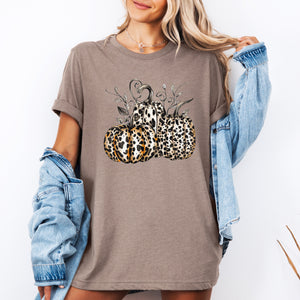 Leopard Print Pumpkins Graphic Tee For Halloween And Autumn Fashion, Cozy Fall Wardrobe Essential — view 3