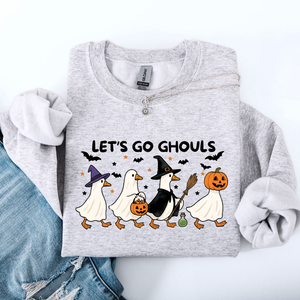 Let's Go Ghouls Geese Goose Halloween Witch Theme Spooky Seasonal Graphic Sweatshirt — view 2