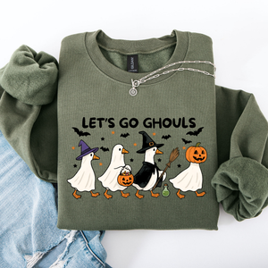 Let's Go Ghouls Geese Goose Halloween Witch Theme Spooky Seasonal Graphic Sweatshirt — view 5