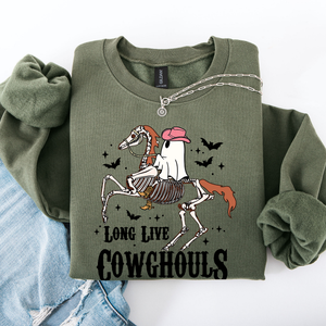 Long Live Cowghouls Skeleton Ghost Horse Halloween Western Inspired Graphic Sweatshirt — view 1