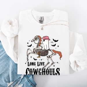 Long Live Cowghouls Skeleton Ghost Horse Halloween Western Inspired Graphic Sweatshirt — view 5