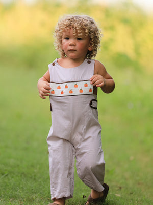 Fall Halloween & Thanksgiving  Pumpkin Smock Embroidered Boys Romper — view 8