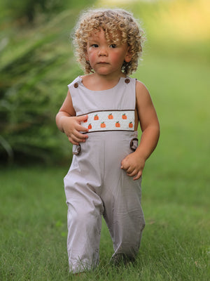 Fall Halloween & Thanksgiving  Pumpkin Smock Embroidered Boys Romper — view 6