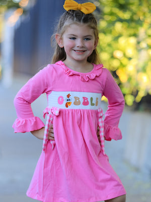Fall Thanksgiving& Halloween "GOBBLE" Smock Embroidery Baby Girl Dress — view 3