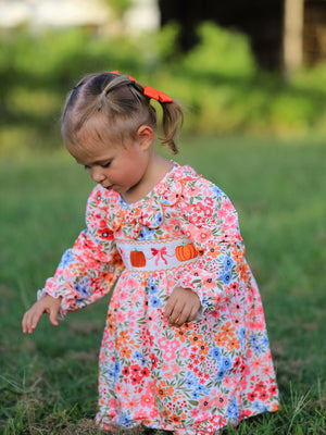 Fall Halloween & Thanksgiving Pumpkin Bow Smock Embroidered Floral Dress — view 1