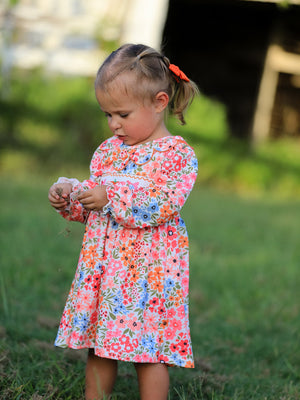 Fall Halloween & Thanksgiving Pumpkin Bow Smock Embroidered Floral Dress — view 4