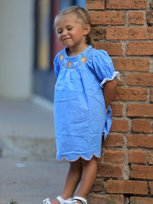 Blue Fall Thanksgiving&Halloween Pumpkin Smock Embroidery Lace Baby Girl Dress — view 2