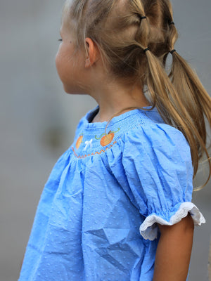 Blue Fall Thanksgiving&Halloween Pumpkin Smock Embroidery Lace Baby Girl Dress — view 4