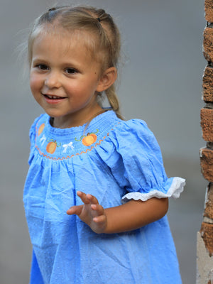 Blue Fall Thanksgiving&Halloween Pumpkin Smock Embroidery Lace Baby Girl Dress — view 5