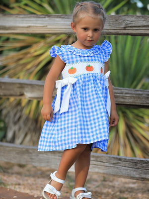 Fall Thanksgiving& Halloween Blue Pumpkin Smock Embroidery Baby Girl Dress — view 6