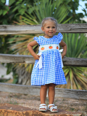 Fall Thanksgiving& Halloween Blue Pumpkin Smock Embroidery Baby Girl Dress — view 2
