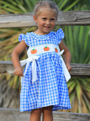 Fall Thanksgiving& Halloween Blue Pumpkin Smock Embroidery Baby Girl Dress — view 1