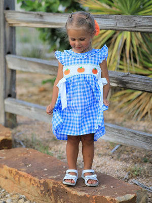 Fall Thanksgiving& Halloween Blue Pumpkin Smock Embroidery Baby Girl Dress — view 3