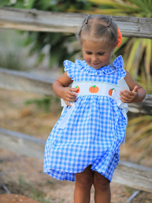 Fall Thanksgiving& Halloween Blue Pumpkin Smock Embroidery Baby Girl Dress — view 4
