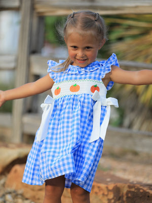 Fall Thanksgiving& Halloween Blue Pumpkin Smock Embroidery Baby Girl Dress — view 5
