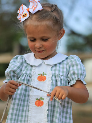 Fall Halloween & Thanksgiving Pumpkin Applique Plaid Green Girls Dress — view 2