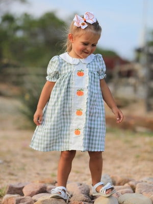 Fall Halloween & Thanksgiving Pumpkin Applique Plaid Green Girls Dress — view 1