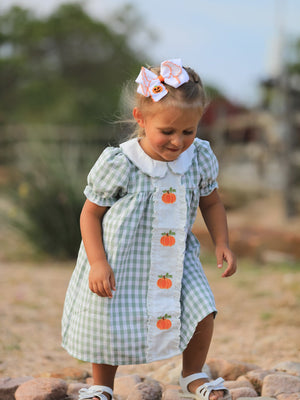 Fall Halloween & Thanksgiving Pumpkin Applique Plaid Green Girls Dress — view 3
