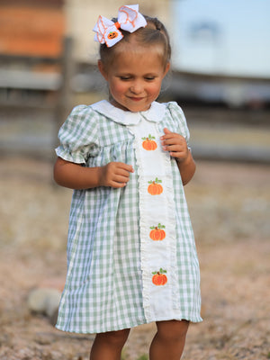 Fall Halloween & Thanksgiving Pumpkin Applique Plaid Green Girls Dress — view 5