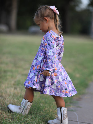 Halloween Ghost Pumpkin Girls Long Sleeve Twirl Dress — view 5