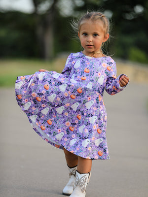 Halloween Ghost Pumpkin Girls Long Sleeve Twirl Dress — view 6