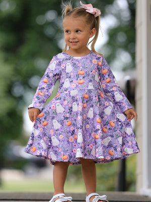 Halloween Ghost Pumpkin Girls Long Sleeve Twirl Dress — view 1