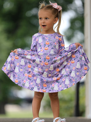Halloween Ghost Pumpkin Girls Long Sleeve Twirl Dress — view 2