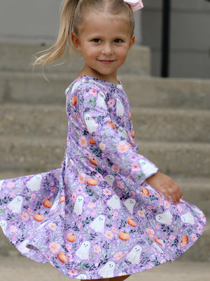 Halloween Ghost Pumpkin Girls Long Sleeve Twirl Dress — view 3