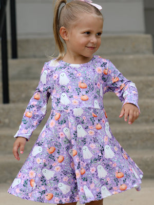 Halloween Ghost Pumpkin Girls Long Sleeve Twirl Dress — view 4