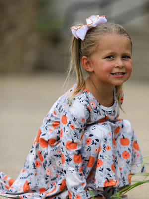 Halloween Pumpkin Ghost Girls Dress Long Sleeve Twirl Dress — view 2
