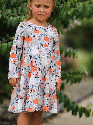 Halloween Pumpkin Ghost Girls Dress Long Sleeve Twirl Dress — view 1