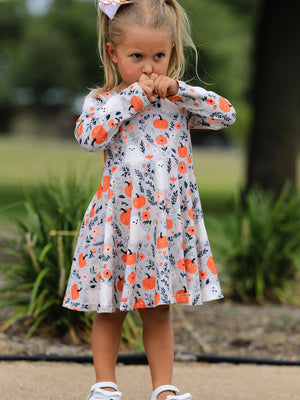 Halloween Pumpkin Ghost Girls Dress Long Sleeve Twirl Dress — view 3