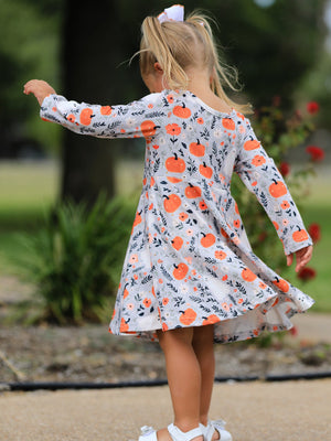 Halloween Pumpkin Ghost Girls Dress Long Sleeve Twirl Dress — view 4