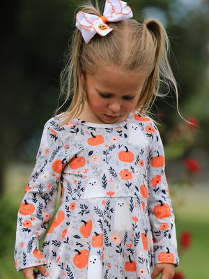 Halloween Pumpkin Ghost Girls Dress Long Sleeve Twirl Dress — view 5