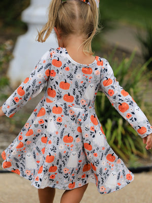 Halloween Pumpkin Ghost Girls Dress Long Sleeve Twirl Dress — view 6