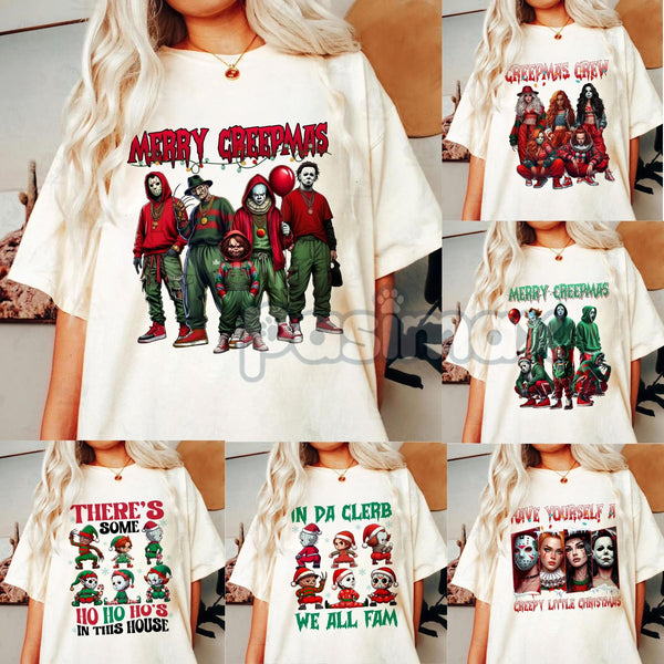 Merry Creepmas T-Shirt - Christmas Halloween Movies Characters Tee, Chibi Movie Characters Shirt