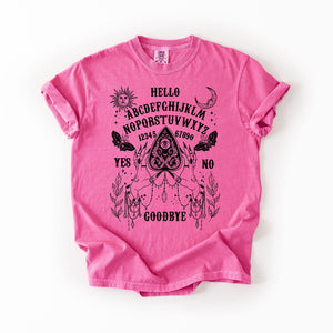 Ouija Board Spooky Tarot Halloween Witch Moonlight Seance Mystic Symbols Night Sky Hauntings Comfort Colors Tee — view 5