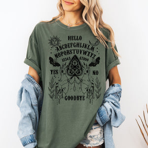 Ouija Board Spooky Tarot Halloween Witch Moonlight Seance Mystic Symbols Night Sky Hauntings Comfort Colors Tee — view 3