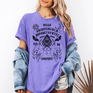 Ouija Board Spooky Tarot Halloween Witch Moonlight Seance Mystic Symbols Night Sky Hauntings Comfort Colors Tee — view 9