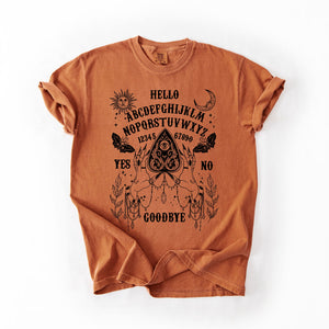 Ouija Board Spooky Tarot Halloween Witch Moonlight Seance Mystic Symbols Night Sky Hauntings Comfort Colors Tee — view 1