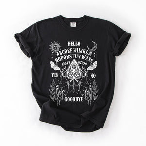 Ouija Board Spooky Tarot Halloween Witch Moonlight Seance Mystic Symbols Night Sky Hauntings Comfort Colors Tee — view 6